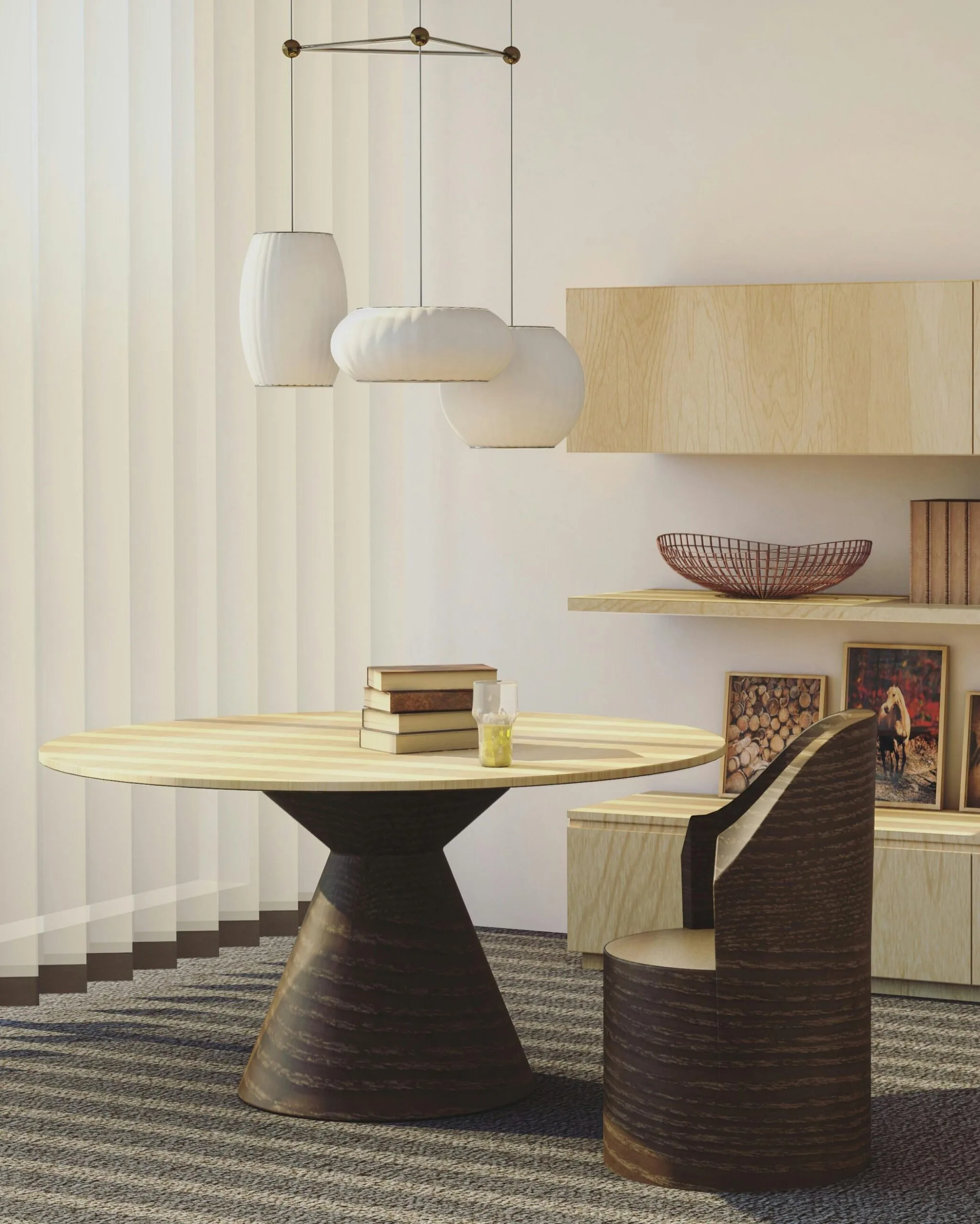 Mobilier aux lignes pures et formes cylindriques, décoration minimaliste bois clair et foncé